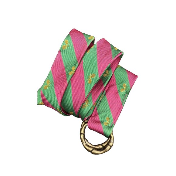 J.Crew Belt Womens S/M Pink Green Striped Silk D Ring Tennis Racket Preppy - Picture 1 of 7